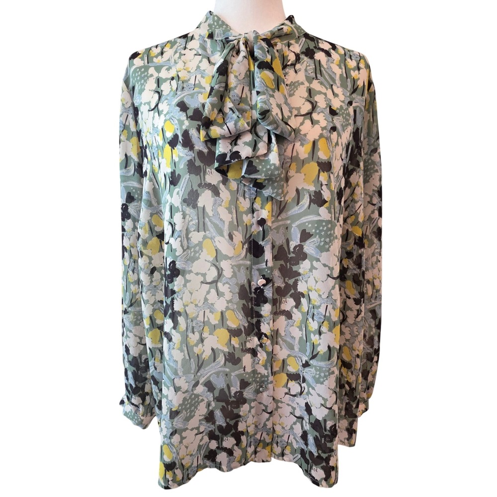 Eloquii Blouse Floral Tie Neck Sage Green Yellow Bow Button Down Size 20